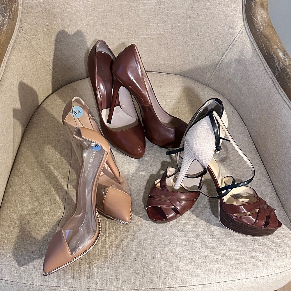 BUNDLE! Zara brown stiletto, INC color block heels, Bebe clear dressy heel. 8.5